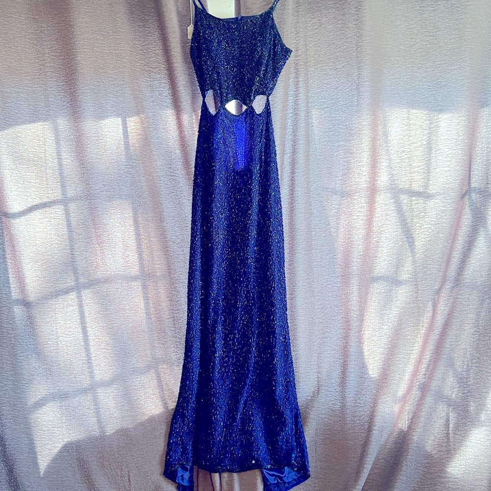 Size L Dark Royal Blue Beaded Scala Prom Gown